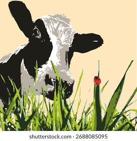 Vaca con hierba y mariquita que la vaca está mirando