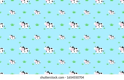 vaca y pasto de fondo azul.
patrón transparente vectorial