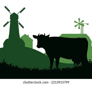 Las vacas pastan en pastos. Silueta de imagen. Mascotas de granja. Animales de granja domésticos para leche y productos lácteos. Aislado sobre fondo blanco. Vector