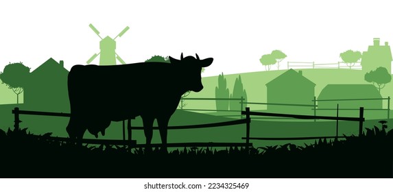 Cow graze in the pasture. Picture silhouette. Farm pets. Domestic farm animals for milk and dairy products. Isolated on white background. Vector.