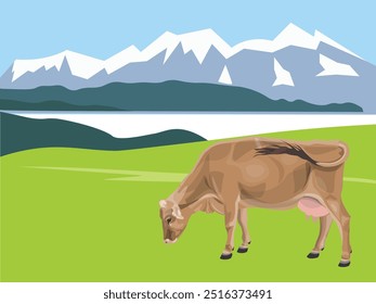 Uma vaca pasta em um prado alpino com o pano de fundo de uma paisagem de montanha alta. Pastagem, grama verde. Ilustração vetorial em estilo realista