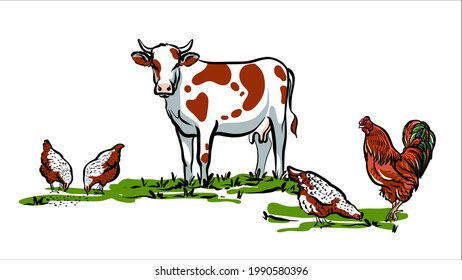 A cow grazes in a meadow with chickens and a rooster. A stylish illustration in the form of a hand-drawn sketch for a farmer's banner.