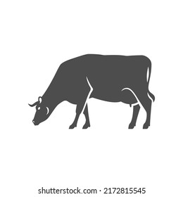 Cow grazing countryside agriculture lifestyle monochrome vintage icon vector illustration. Mammal farm animal eating grass silhouette dairy milk rural production industrial organic meat beef market