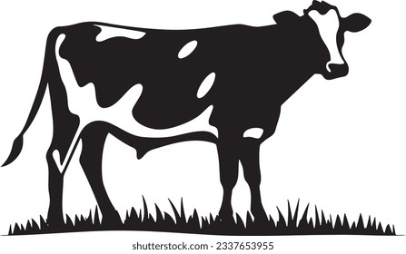 Cow grazing in a field, Basic simple Minimalist vector SVG graphic, isolated on white background, black and white svg