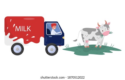 Cow Grazing Field and Man Driving Truck with Milk Vector Set