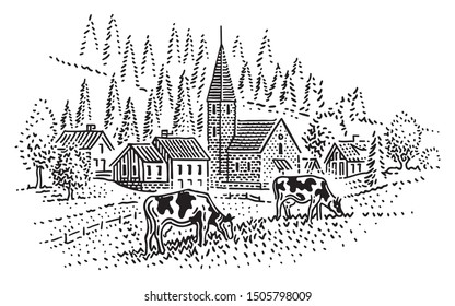 Cow grazing in front of village in mountains. Vector. 