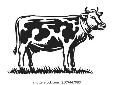 Vaca pastando no prado, desenho à mão. Leite, conceito de exploração leiteira vetor ilustração design