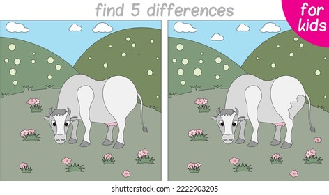 cow is grazing in the meadow. Logic game for children. You need to find 5 differences. Printable page for children's book or game. Development of counting and attention skills.