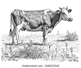 Cow grazing in the meadow retro hand drawn sketch Farming Vector illustration