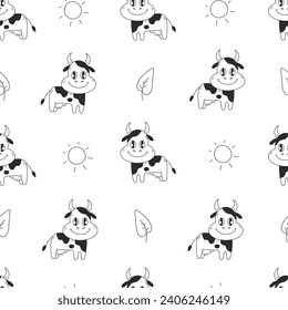 Cow grazing in the meadow seamless pattern in doodle style. Cute happy cattle walk across the field. Black and white repeat vector illustration with sun and leaf for milk and dairy products design