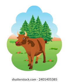 Cow grazing in a meadow. Vector illustration for dairy products design.