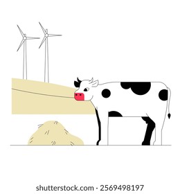 Cow Grazing Near Haystack With Wind Turbines In Flat Vector Illustration Symbolizing Renewable Energy, Livestock Farming, And Rural Landscape, Isolated On White Background.