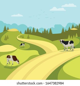 Vaca de garrapatas en la Ilustración del vector pradera de praderas. Ganadería ganadera en campo. Productos Lácteos orgánicos saludables. Camino paisajístico rural, árboles, cielo azul, verano