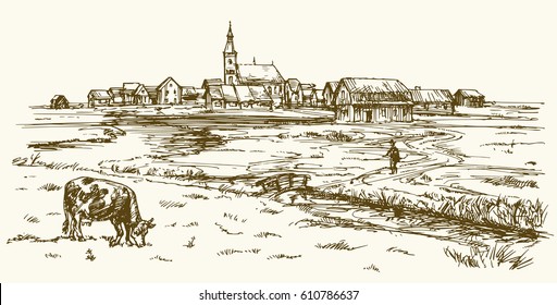 Cow grazing on meadow, landscape with rural village. Hand drawn illustration