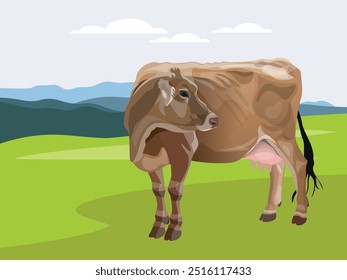 Uma vaca pastando em uma pastagem contra uma paisagem rural. Ilustração vetorial