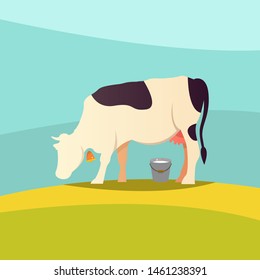 Cow grazing in the pasture. Vector flat illustration.