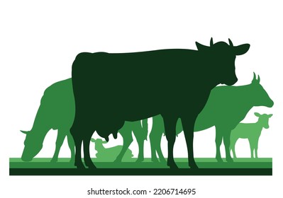 Cow grazing. Picture silhouette. Farm pets. Animals for milk and dairy products. Isolated on white background. Vector.