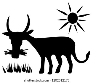 Cow grazing stencil black, vector illustration, horizontal, isolated