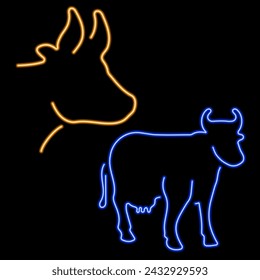cow group of neon icons, vector illustration on black background.