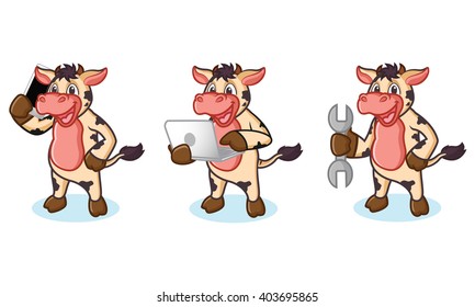 Cow And Hair Mascot With Laptop, Phone And Tools