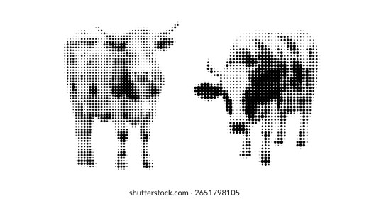 Cow, halftone vector illustration of a bull, in retro comic book style with bold dotted texture. Different positions, sitting, standing, Moo, Milk, Black and white image, isolated on white background.