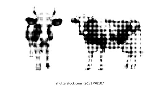 Cow, halftone vector illustration of a bull, in retro comic book style with bold dotted texture. Different positions, sitting, standing, Moo, Milk, Black and white image, isolated on white background.
