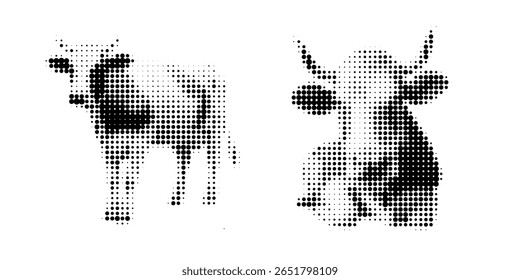 Cow, halftone vector illustration of a bull, in retro comic book style with bold dotted texture. Different positions, sitting, standing, Moo, Milk, Black and white image, isolated on white background.