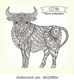 Cow. Hand drawn decorative farm animal. Good for farmers market invitation, labels. Vector illustration. This illustration can be used as a print on T-shirts and bags.