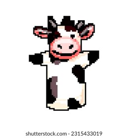 cow hand puppet game pixel art retro vector. bit cow hand toy puppet. old vintage illustration