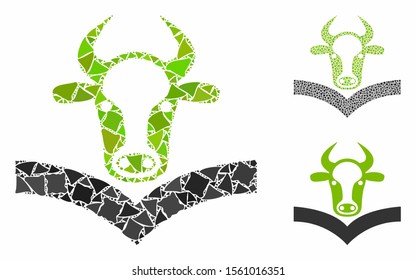 Cow handbook mosaic of rugged elements in different sizes and color tints, based on cow handbook icon. Vector rugged parts are grouped into collage. Cow handbook icons collage with dotted pattern.