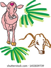 
The cow has a heart shaped on head and green palm leaf