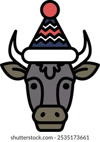 A cow with a hat on its head. The hat is blue and red. The cow is wearing a hat and it looks like it's having a party