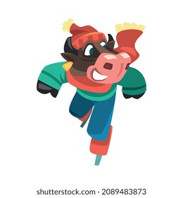 Cow in Hat and Scarf Ice Skating Doing Sport Vector Illustration