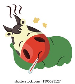 Cow is having a fever, illustration, vector on white background.