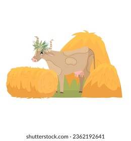 Cow with haystack. Cute cow standing among hay from farm. Hay stack on white background. Vector illustration