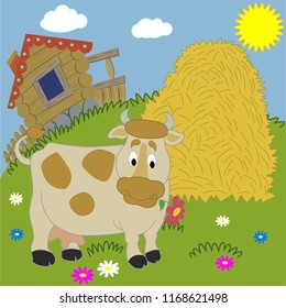 Cow, haystack and small house on green field
