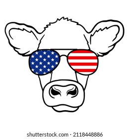 Cow head with aviator glasses and USA Flag print. 4th of july. Farm Animal. Vector illustration isolated on white background.