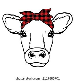 Cow head with buffalo plaid bandana. Farm Animal. Vector illustration isolated on white background. 