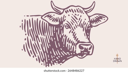 Cow head, bull, beef. Retro style beef bull head sketch, vintage cow drawing black white, old ink pencil artwork. Bull silhouette, side view cow head profile, engraved beef print. Vector Illustration