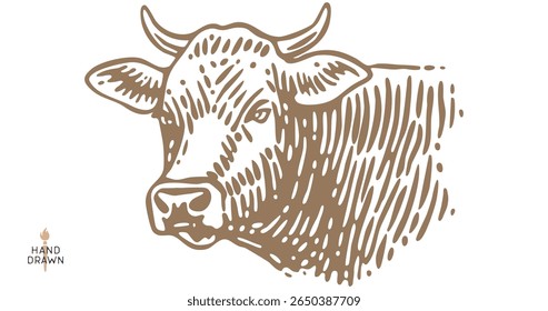 Cabeça de vaca, touro, carne. Retro estilo carne cabeça de touro esboço, vintage vaca desenho preto branco, tinta lápis velho arte. Silhueta de touro, vista lateral perfil da cabeça da vaca, gravada impressão de carne. Ilustração de vetor