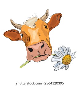 Cow head, bull, calf with chamomile in the mouth. Sketch artwork silhouette head cow and flower. Vintage retro print, sketch ink pencil drawing, engrave. Vector Illustration.