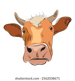 Cow head, bull, calf. Sketch artwork silhouette head cow. Vintage retro print, sketch ink pencil drawing, engrave. Vector Illustration. The cow's head is looking straight ahead.