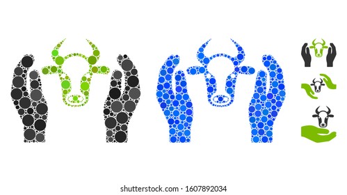 Cow head care hands mosaic of circle elements in variable sizes and color tones, based on cow head care hands icon. Vector round elements are organized into blue illustration.