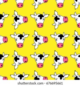 Cow head childish cartoon illustration seamless pattern on a yellow background.
