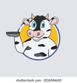 Cow Head Circle Label With Funny Smile Expression, Yellow Colors Background, Mascot, Icon, Character or Logo, Vector and Illustration.