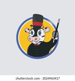 Cow Head Circle Label With Magician Custom, Yellow Colors Background, Mascot, Icon, Character or Logo, Vector and Illustration.