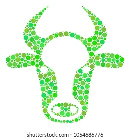 Cow Head collage of filled circles in different sizes and ecological green color tinges. Vector filled circles are combined into cow head collage. Fresh vector illustration.