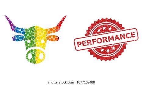 Cow head collage icon of circle dots in variable sizes and LGBT color hues, and Performance textured rosette seal imitation. A dotted LGBT-colored Cow head for lesbians, gays, transgenders,