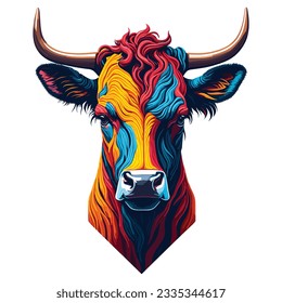 Cow head colorful concept in isolated illustration on white background.