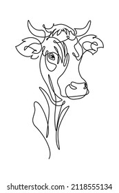 Cow head in continuous line art drawing style. Horned cow portrait black linear sketch isolated on white background. Vector illustration